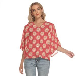 White Flowers Bat Sleeve Light V-neck Top– Effortless Elegance