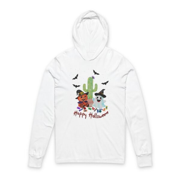 Halloween-Themed Unisex Hooded Long Sleeve Tee, Fun Spooky Shirt, Trick or Treat Apparel, October Celebration Clothing, Cozy Costume Top